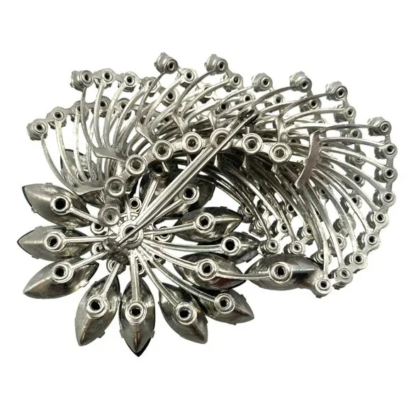 Vintage Rhinestone MCM 50’s 60’s Brooch Large Flower Floral Pin Black Glass - Picture 6 of 7
